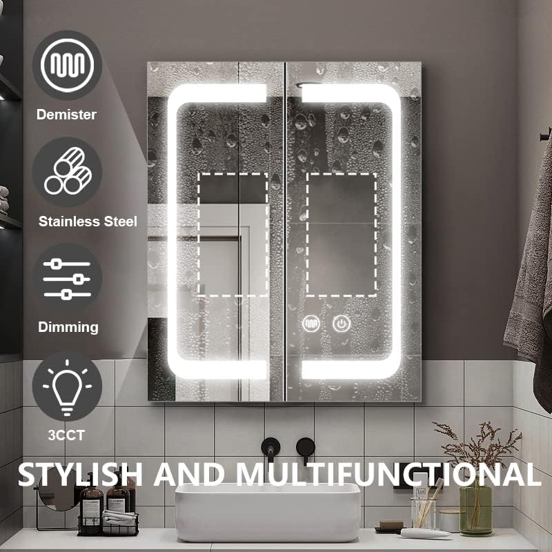 24 Inch X 28 Inch Illuminated Led Mirror Cabinet for Bathroom Stainless Steel Wall Mounted Medicine Cabinet with Double Touch Switches for Clor Change, Dimmer and Anti-Fog Function