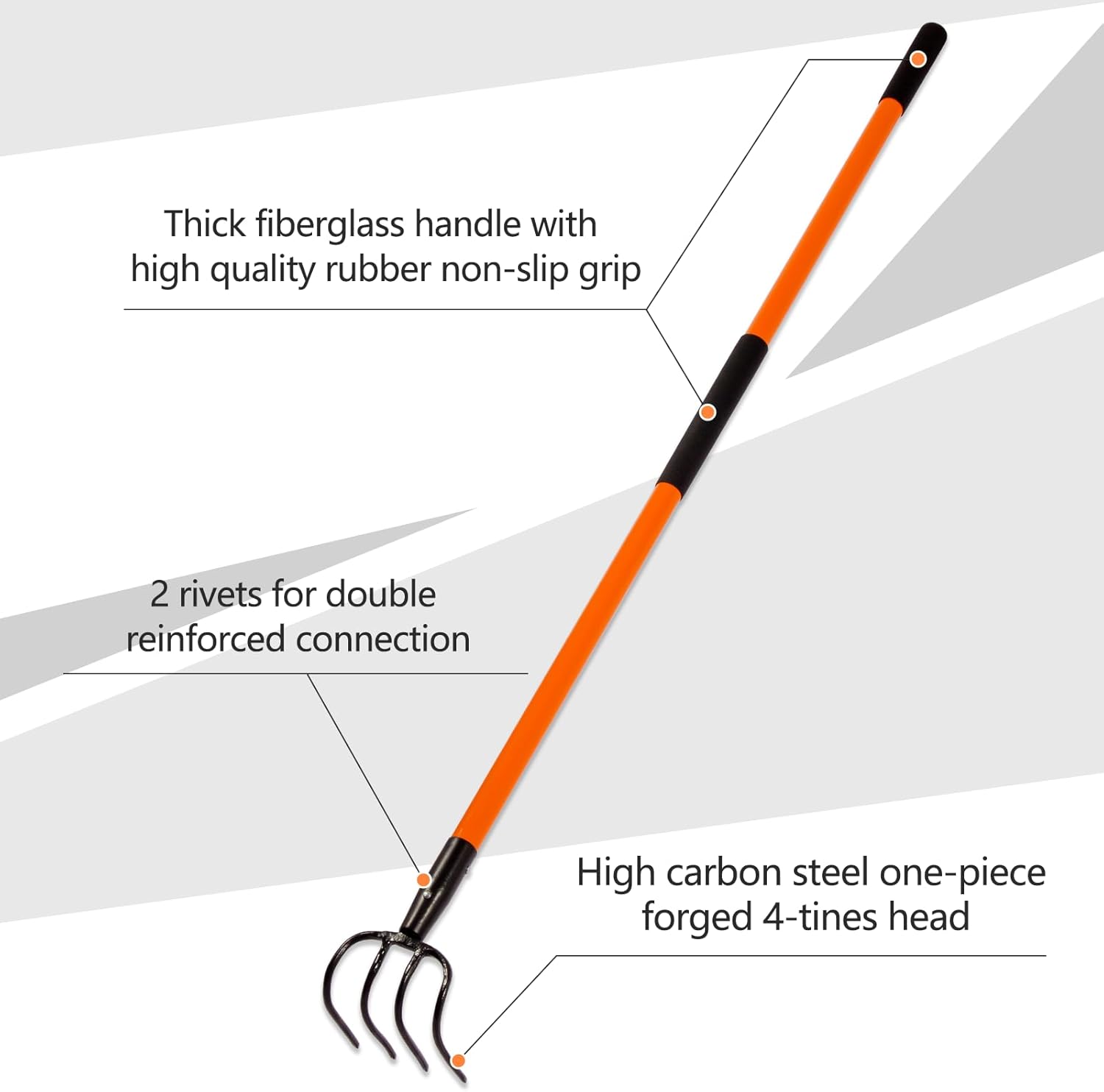 Cultivator for Gardening, 4 Tines Garden Cultivator with Fiberglass Handle, 58 Inches