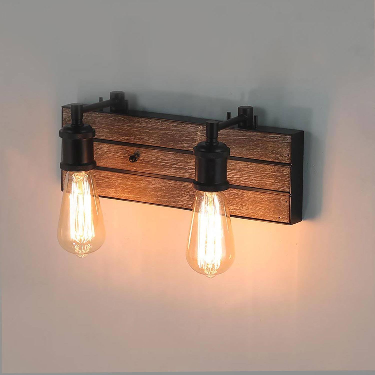 2 Light Vanity Lights for Bathroom, 13.8-Inch Rustic Faux Wood Bathroom Lighting Lights Over Mirror