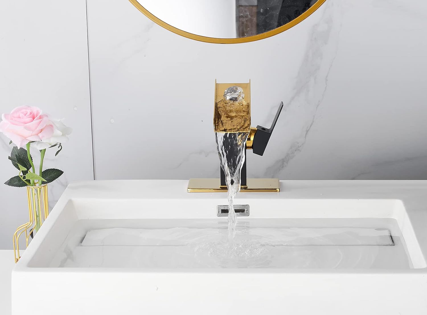 Bathroom Faucet Black Waterfall Gold Spout Single Handle for Sink 1-3 Hole 4 inch Deck Plate Pop Up Drain Stopper Overflow Lavatory Vanity Basin Tap Supply Lines Farmhouse Luxury Bath Faucets Brass