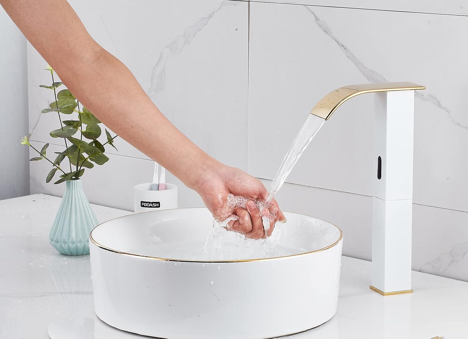 Touchless Bathroom Vessel Faucet Electronic Sensor Automatic Waterfall White Gold Bathroom Faucets Hands Free Water Saving One Hole Bowl Sink Faucet Motion Sensor Lavatory Vanity Faucet Deck Mounted