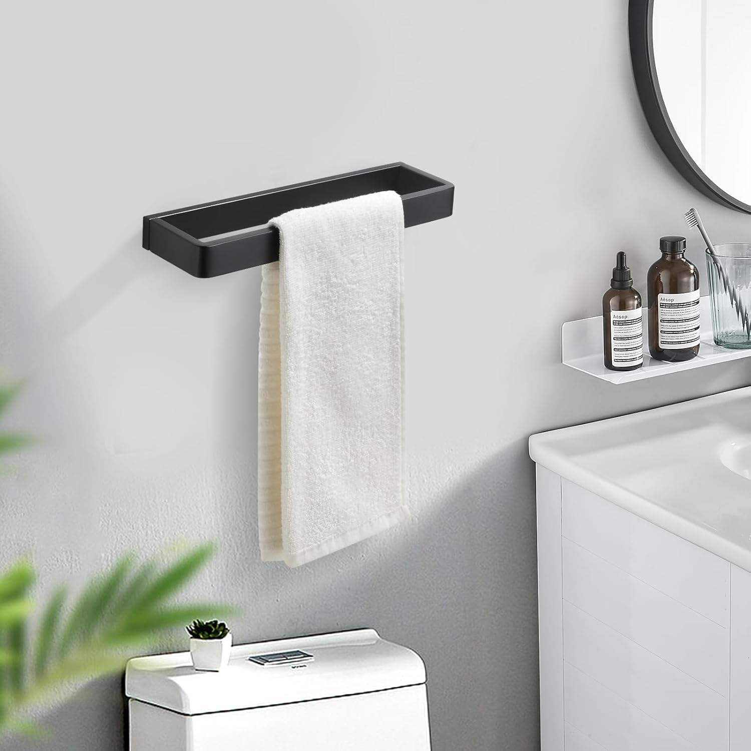 Bathroom Towel Bar Matte Black, 11.8 Inch 304 Stainless Steel Bath Accessories Towel Rack Hanger, Bathroom Kitchen Square Hand Towel Holder Wall Mounted