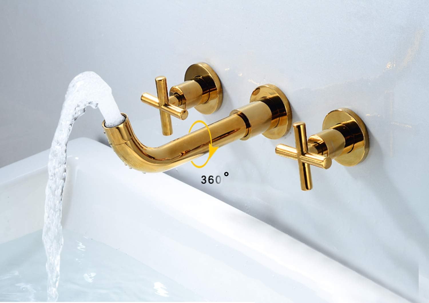 Wall Mount Tub Filler Faucet Gold High Flow Bathtub Faucet Two Handles Wall-Mounted Bathroom Faucet 2 Cross Handles 3 Holes Vanity Sink Mixer Tap Brass Rough-in Valve Included