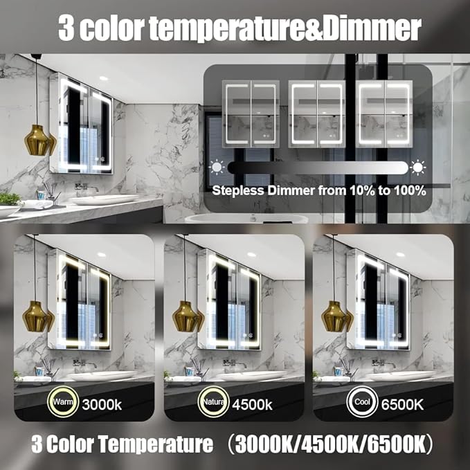 24 Inch X 28 Inch Illuminated Led Mirror Cabinet for Bathroom Stainless Steel Wall Mounted Medicine Cabinet with Double Touch Switches for Clor Change, Dimmer and Anti-Fog Function