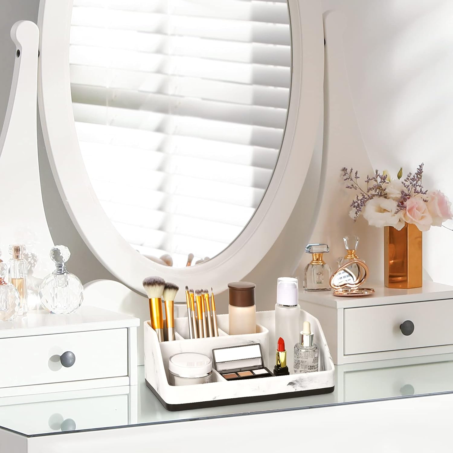 Toothbrush Holder for Bathroom, Bathroom Organizer Countertop, Bathroom Accessories with 5 Compartment Storage for Toothpaste/Vanity Counter