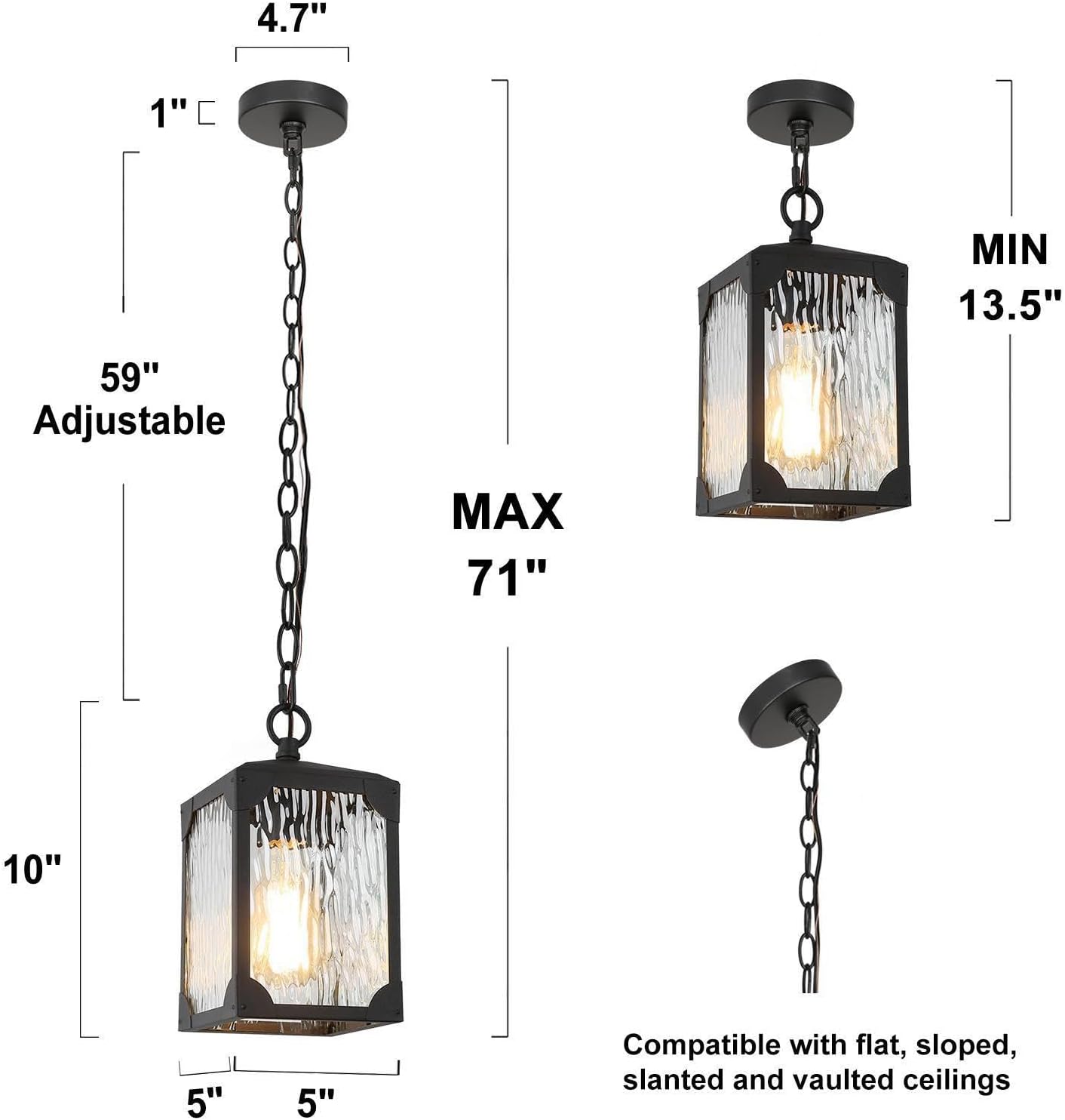 Farmhouse Exterior Lights, Anti-Rust Ceiling Outdoor Light with Water Ripple Glass, Square Hanging Lantern