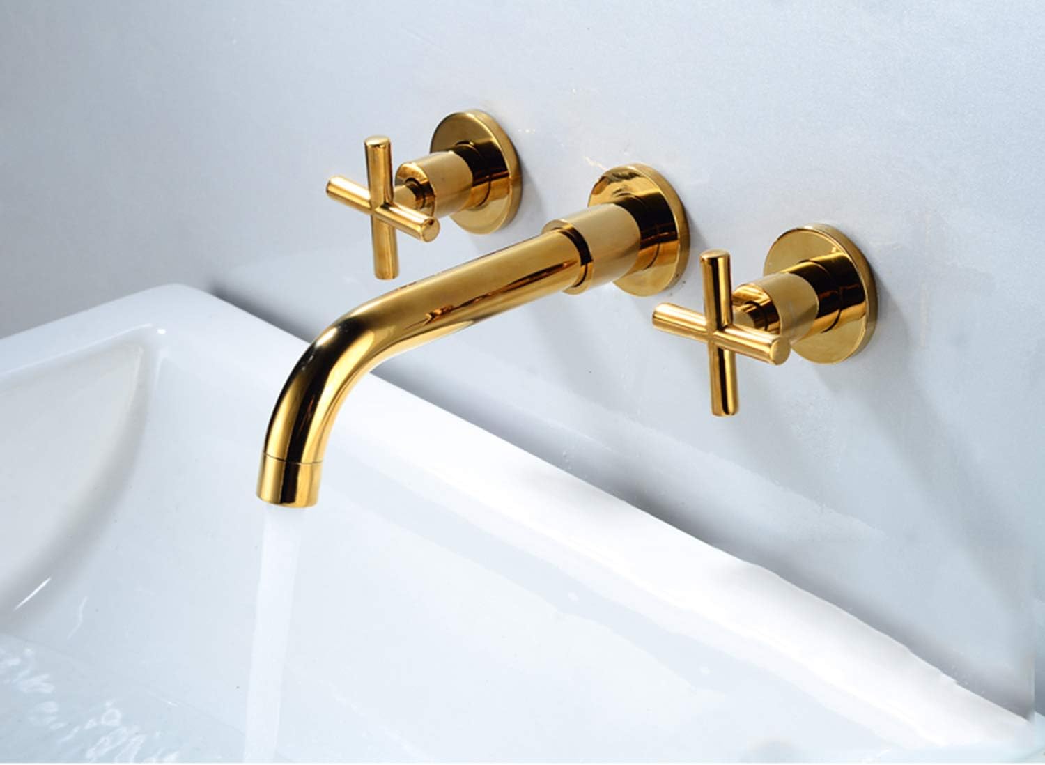 Wall Mount Tub Filler Faucet Gold High Flow Bathtub Faucet Two Handles Wall-Mounted Bathroom Faucet 2 Cross Handles 3 Holes Vanity Sink Mixer Tap Brass Rough-in Valve Included