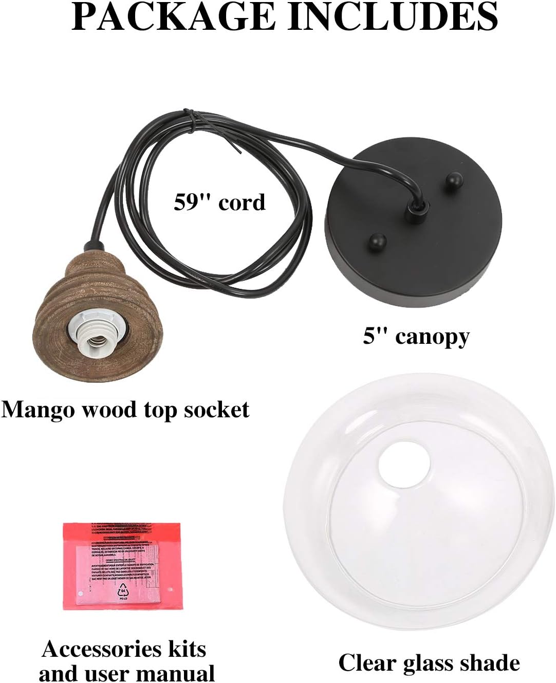 Farmhouse Pendant Lighting Fixture with Wood and Clear Glass for Kitchen Island, Entryway, Foyer, Bedroom, Dining & Living Room