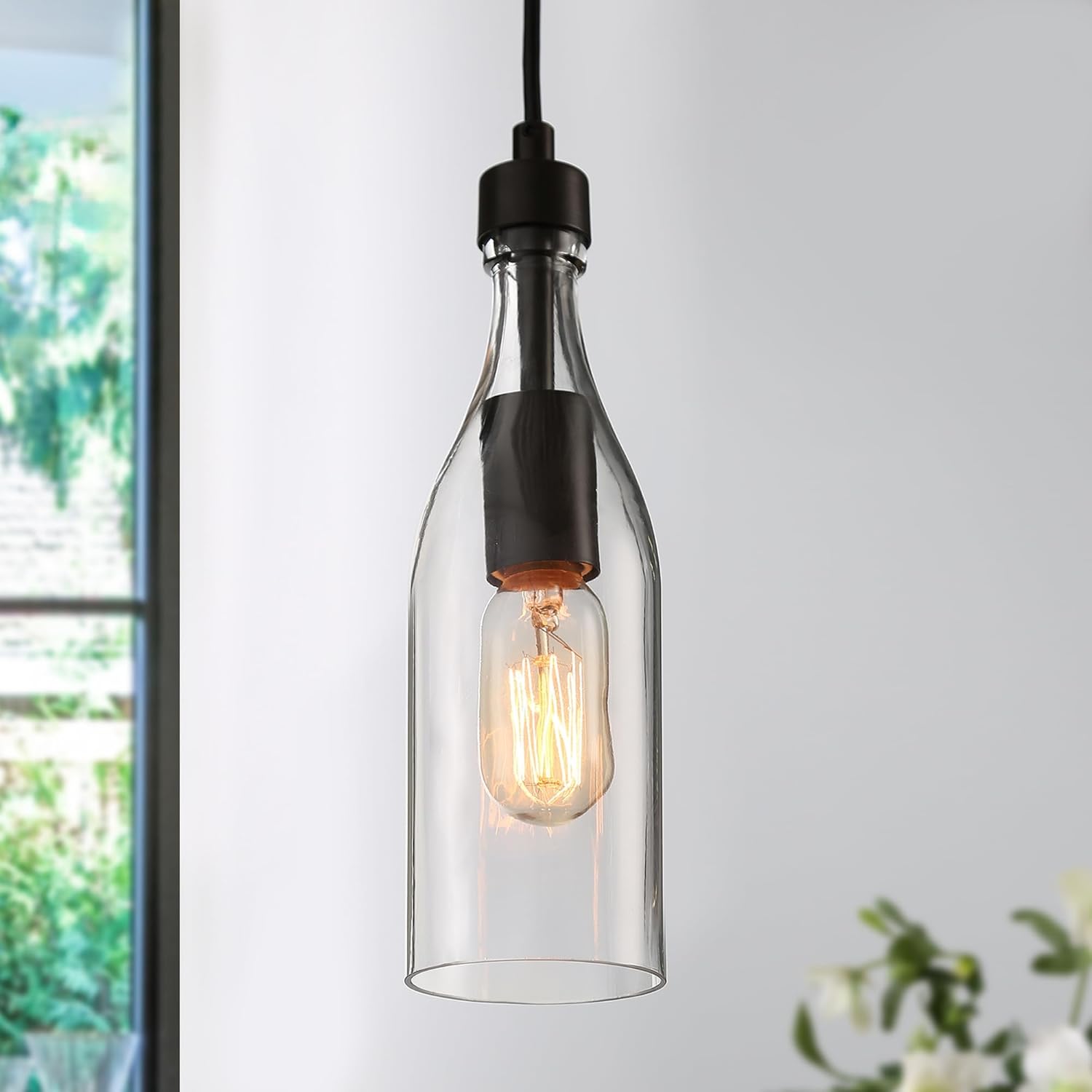 Farmhouse Glass Pendant Light Fixtures, Modern Industrial Hanging Pendant Lighting with Faux-Wood Finish for Kitchen Island