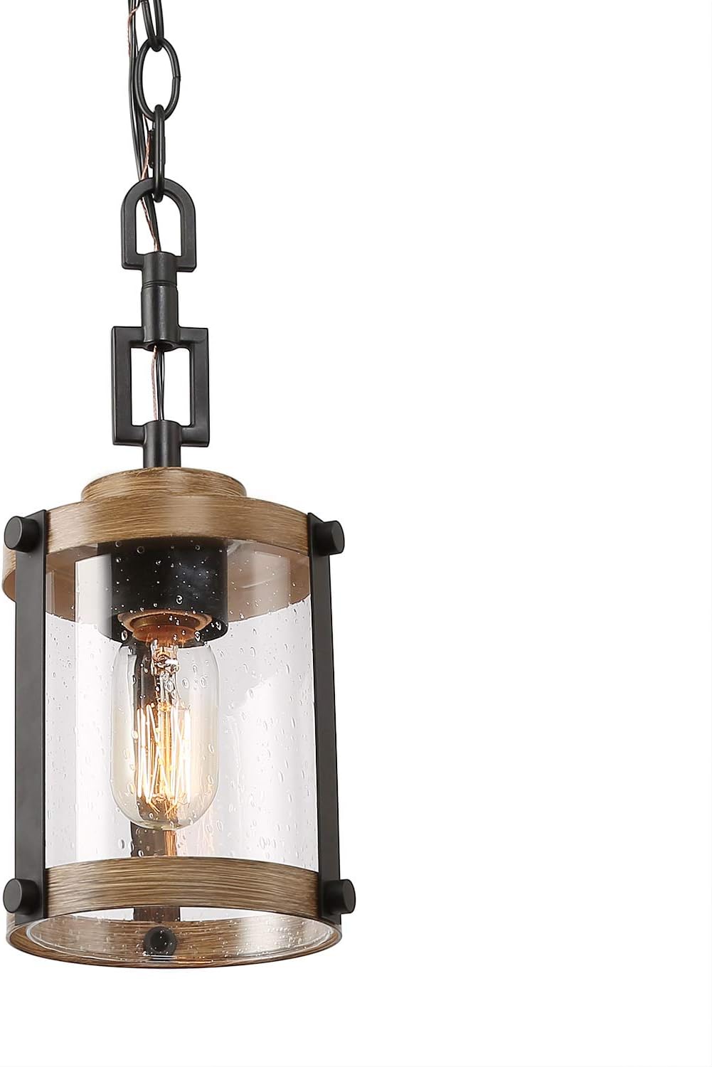 Pendant Lighting for Kitchen Island, Farmhouse Mini Chandelier in Faux Wood Metal with Bubbled Glass Shade