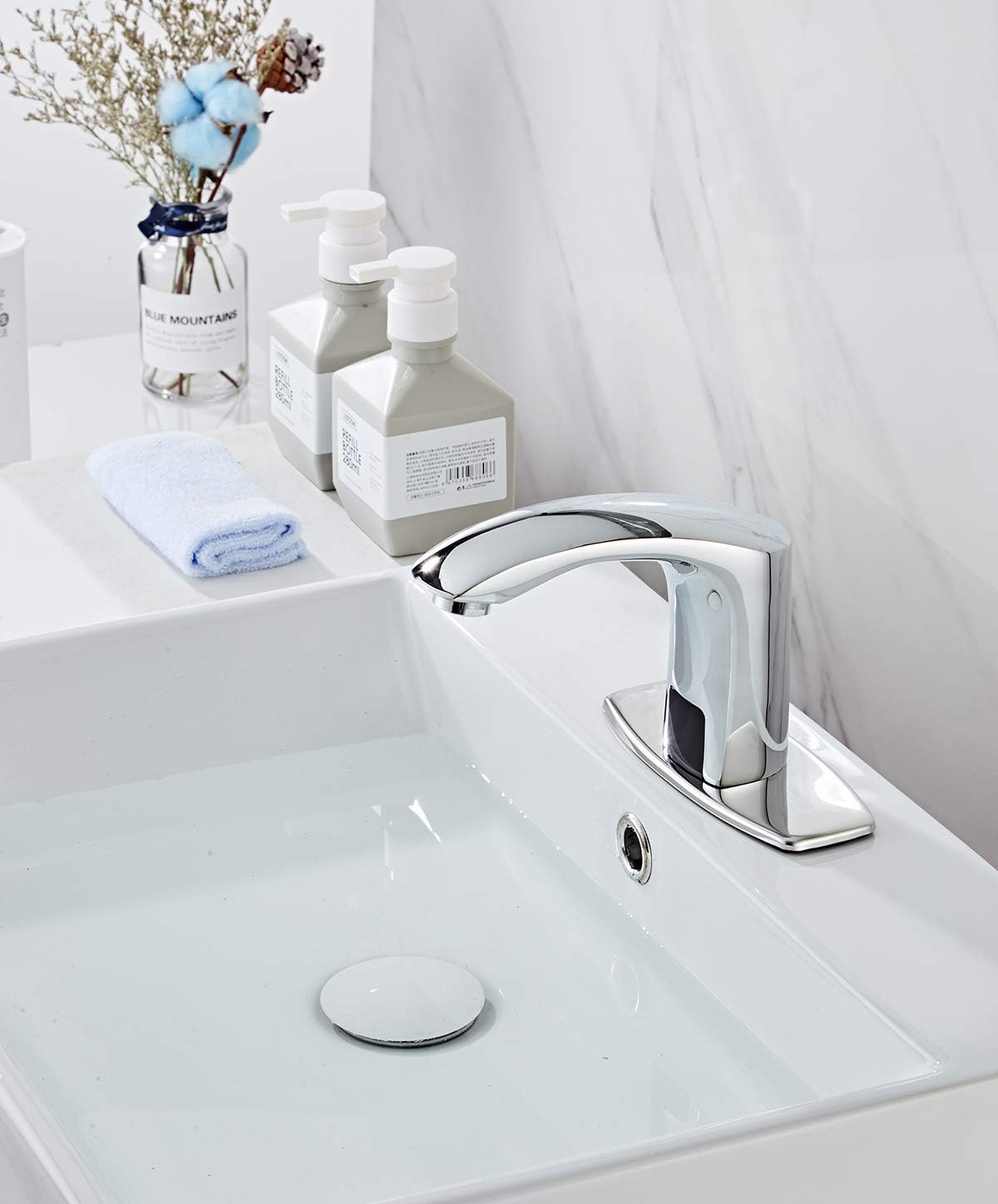 Automatic Bathroom Sink Faucet with Hole Cover Plate Sensor Touchless Dual-Powered Chrome Vanity Faucets Hands Free Motion Sensor Bathroom Water Tap