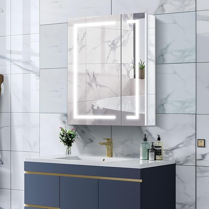 LED Medicine Cabinet,Bathroom Mirror Cabinet with Lights,24×28inch,Equip with Internal Light,Aluminum Construction,USB Shaver Socket,3 Color,Dimmer,Demister,Surface Mounted and Recess Mounted
