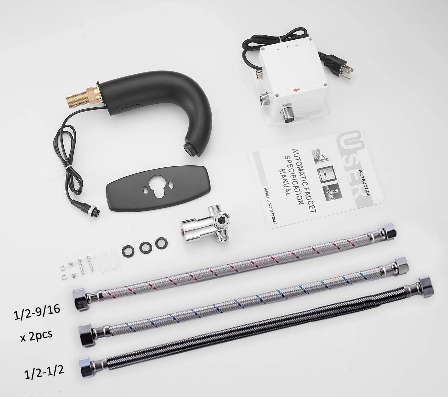 Automatic Bathroom Sink Faucet with Hole Cover Plate Touchless Sensor Dual Powered Matte Black Vanity Faucet