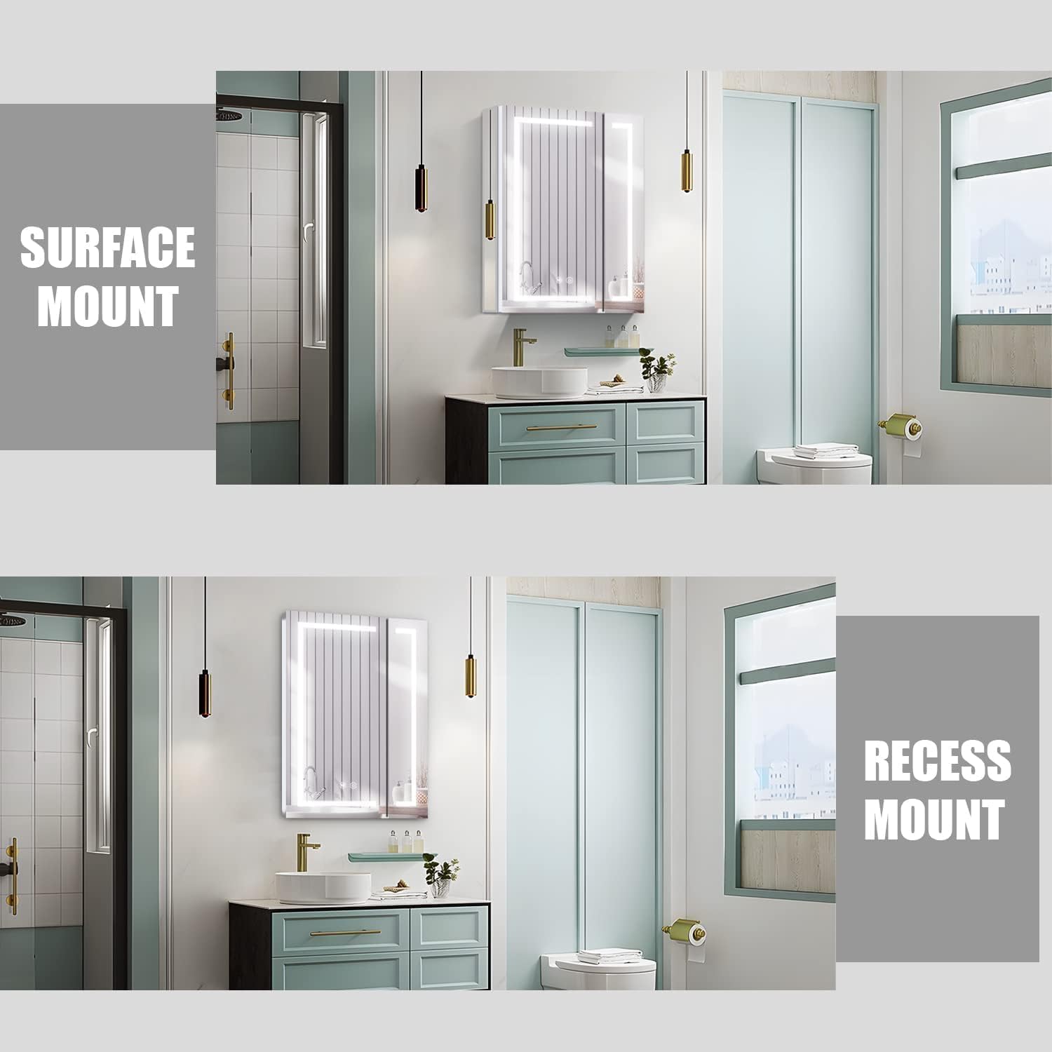 LED Medicine Cabinet,Bathroom Mirror Cabinet with Lights,24×28inch,Internal Light,USB Shaver Socket,3 Color,Dimmer,Demister,Detachable Side Mirror for Surface Mounted and Recess Mounted