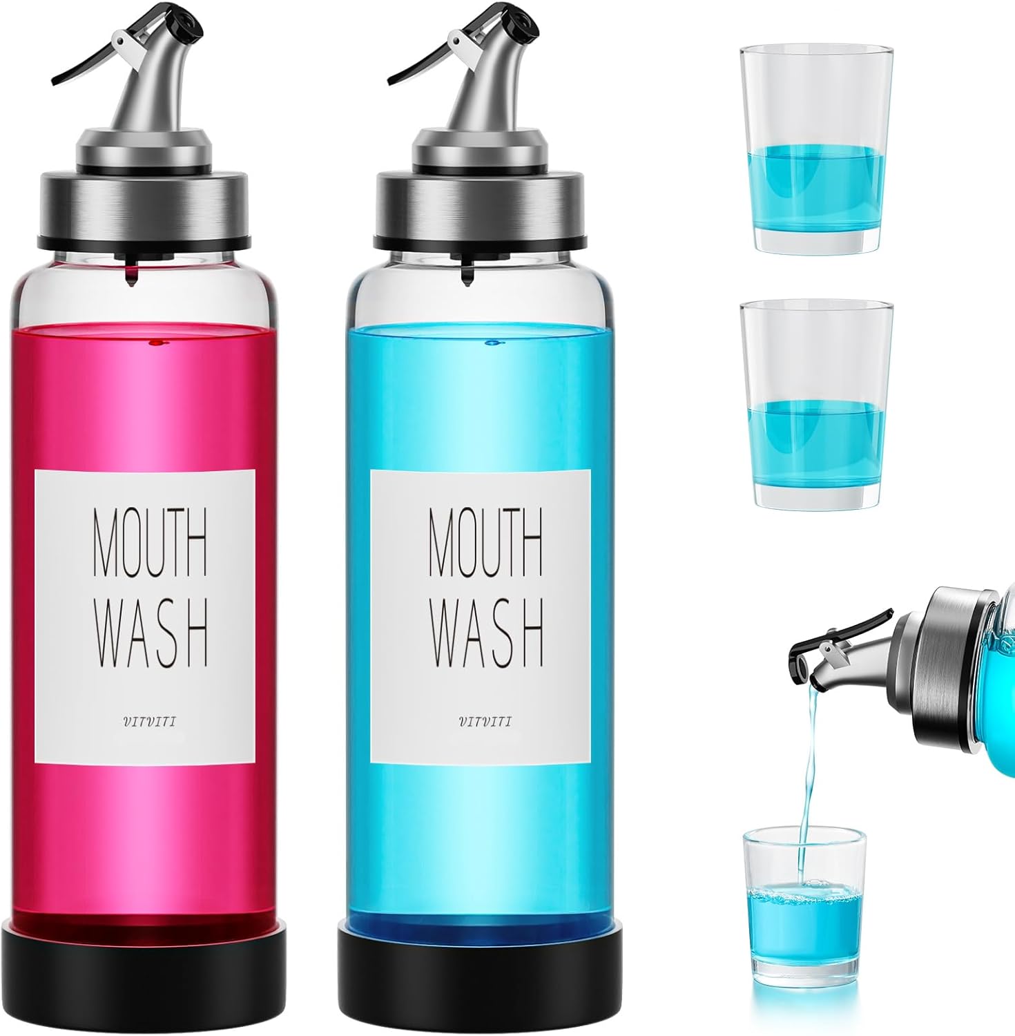 Mouthwash Dispenser for Bathroom, Glass Mouth Wash Container with 2 Glass Cups, Press Lid 17OZ Clear Refillable Mouthwash Bottle Decanter with Silicone Pad/Labels, Set of 2
