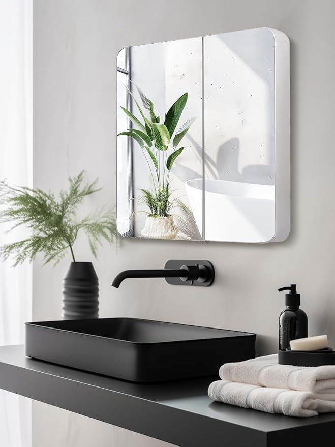 23.5" x 27.5" Medicine Cabinets for Bathroom with Mirror Surface Wall-Mounted Stainless Steel Framed Beveled Mirror, Double Door Metal Bathroom Vanity Mirror