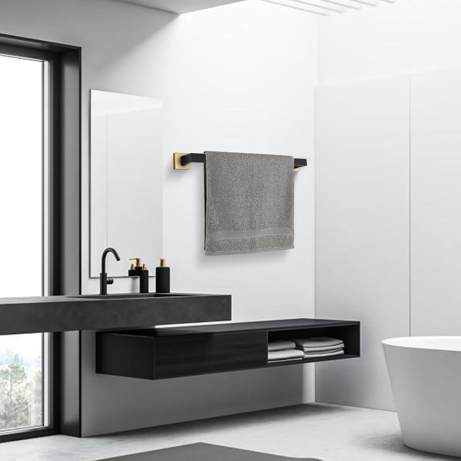Bathroom Towel Bar, 23.6 Inch Black & Gold Towel Rack, SUS304 Stainless Steel Bathroom Accessories, Square Hand Towel Holder for Bathroom Kitchen Wall Mounted