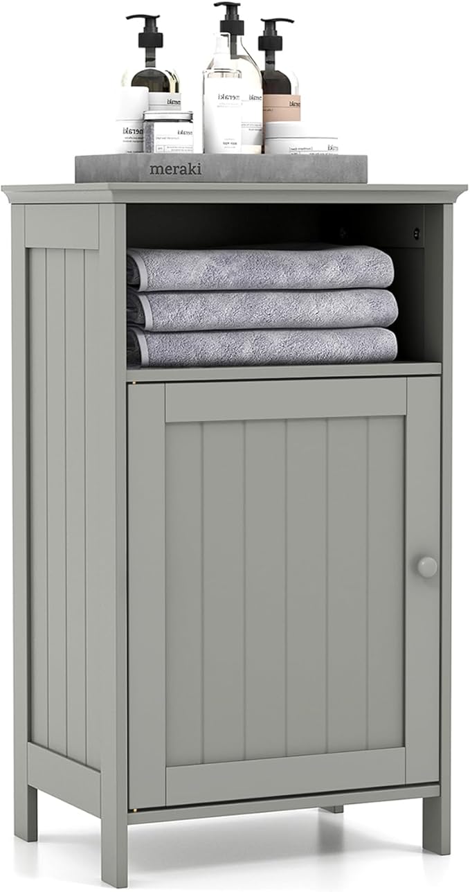 Bathroom Storage Cabinet, Freestanding Wooden Bathroom Floor Cabinet with Door, Open Shelf