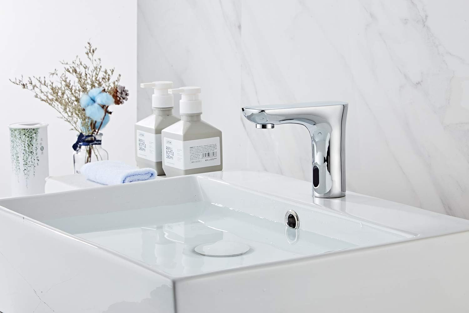 Automatic Sensor Touchless Bathroom Faucet with Hole Cover Plate Dual-Powered Vanity Faucets Chrome Hands Free Water Tap with Control Box and Temperature Mixer Motion Sensor