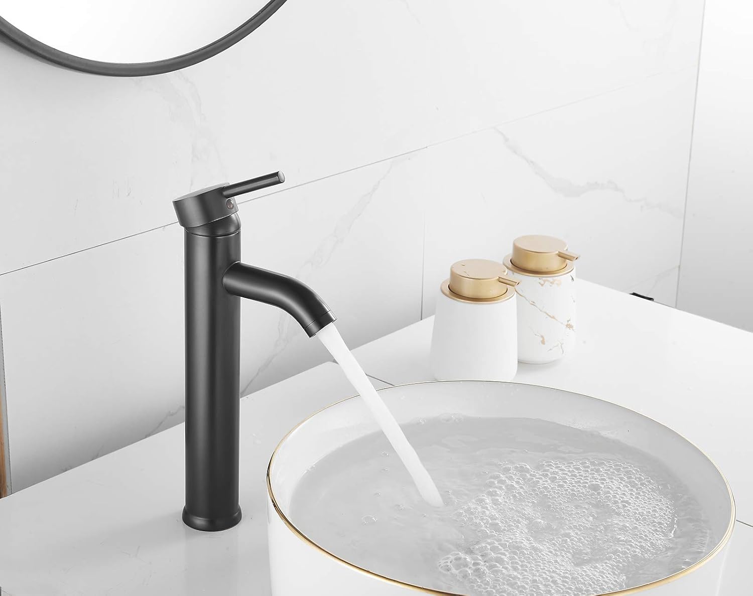 Bathroom Vessel Sink Faucet Oli Rubbed Bronze Sink Bowl Faucet Tall Single Handle One Hole Vanity Lavatory Basin Mix Tap Deck Mount Supply Lines Hose with Pop Up Drain Assembly