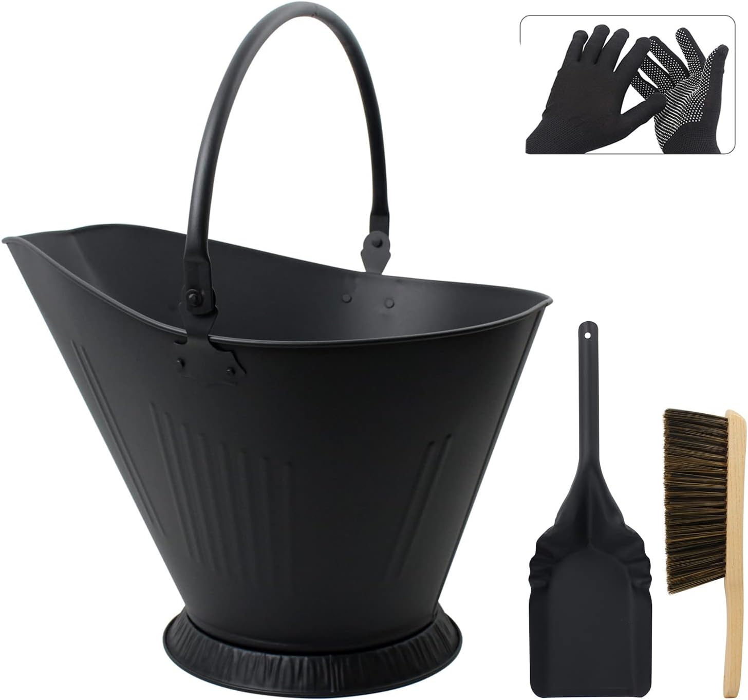 Ash Bucket for Fireplace, 3.2 Gallon Metal Fireplace Ash Bucket for Wood Stove, Includes Shovel, Broom and Gloves Indoor & Outdoor