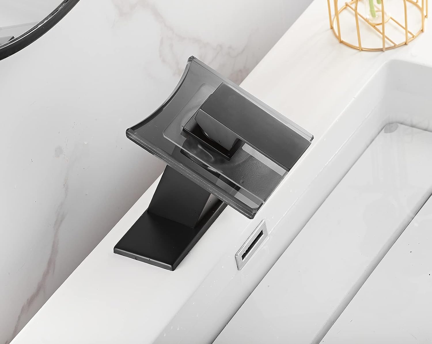 Bathroom Faucet Black Led Light 3 Color Changing Waterfall Glass Spout RGB Battery Power Lavatory Vanity Sink Faucet Single Handle One Hole Deck Mount Modern Designer Bath Basin Tap