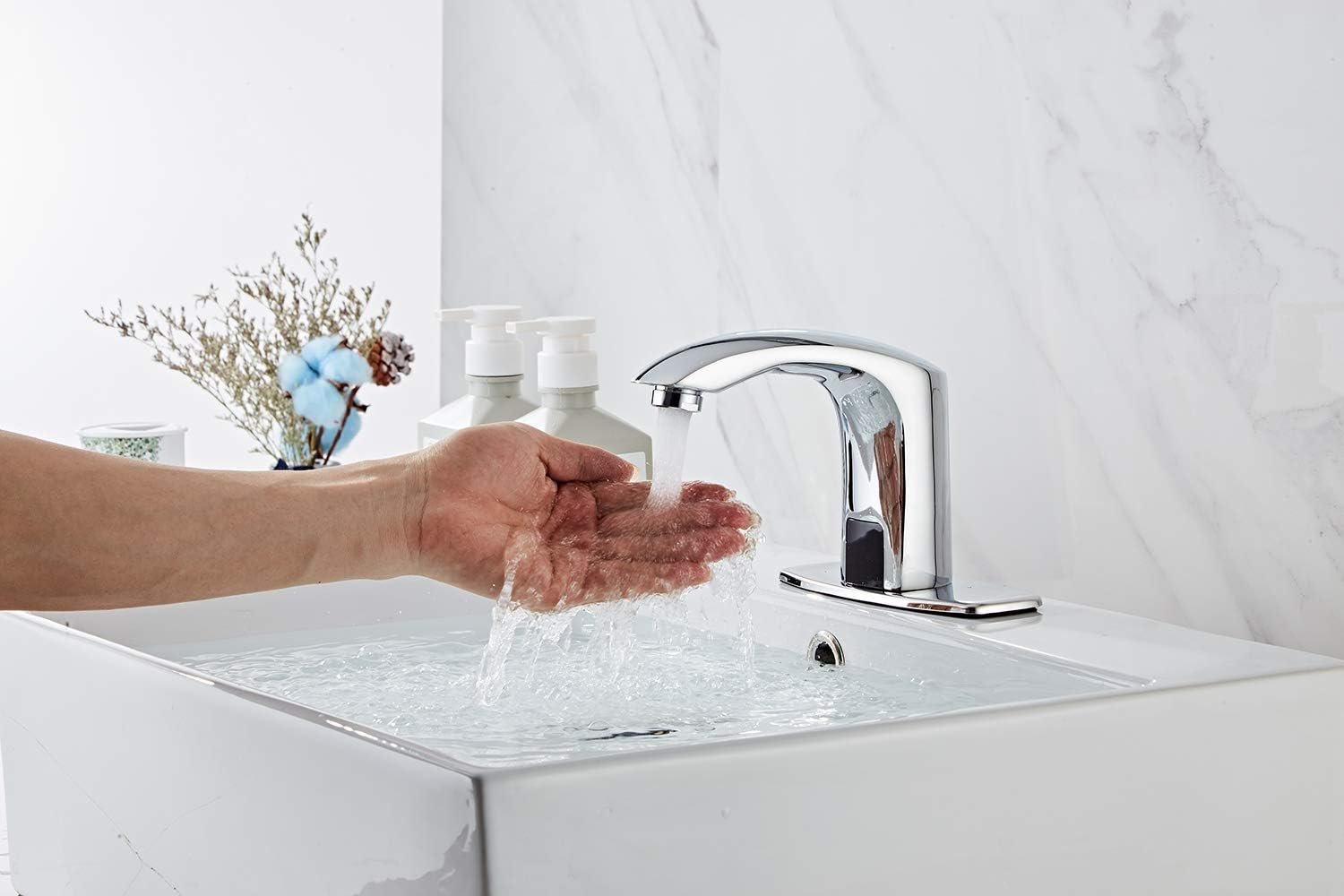 Automatic Bathroom Sink Faucet with Hole Cover Plate Sensor Touchless Dual-Powered Chrome Vanity Faucets Hands Free Motion Sensor Bathroom Water Tap