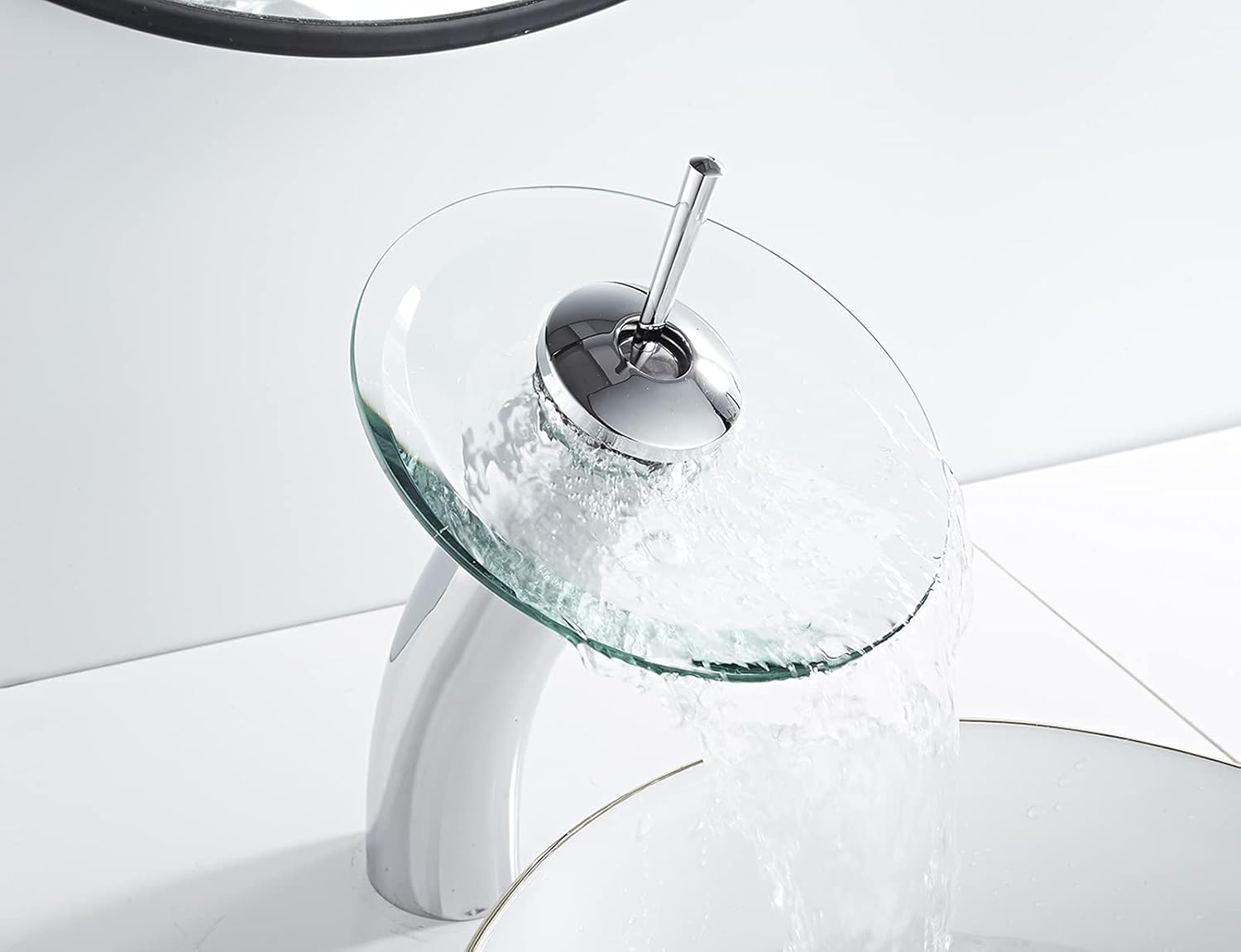 Bathroom Vessel Faucet Waterfall Glass Spout Solid Brass Bath Lavatory Vessel Sink Vanity Faucet Chrome Single Handle One Hole Glass Bowl Sink Faucet Tall Body for Above Counter Basin