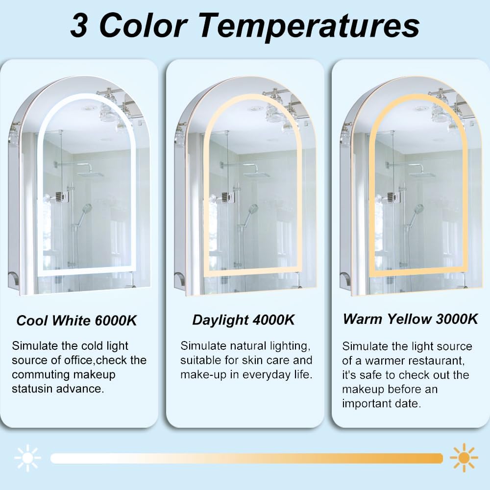 Arched Medicine Cabinet Mirror, 20''x30'' Lighted Medicine Cabinet with LED Lights, Defogger and 3 Color Modes, Dimmable Stainless Steel Cabinet for Bathroom
