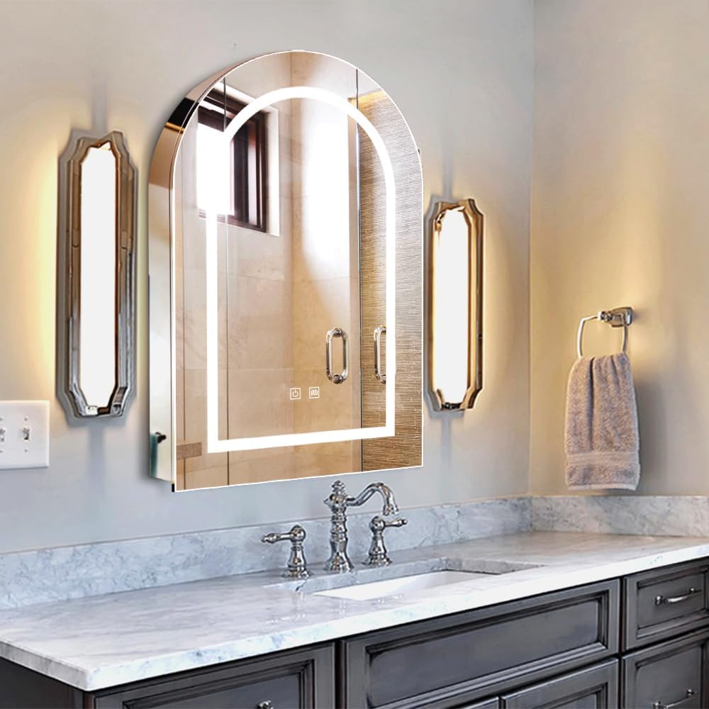 Arched Medicine Cabinet Mirror, 20''x30'' Lighted Medicine Cabinet with LED Lights, Defogger and 3 Color Modes, Dimmable Stainless Steel Cabinet for Bathroom