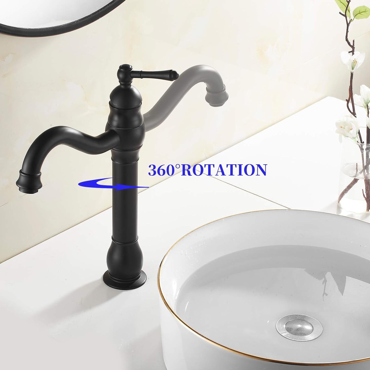 Black Bathroom Vessel Sink Faucet 360° Swivel Spout One Handle Single Hole Bowl Sink Tall Body Lavatory Vanity Faucet Farmhouse Above Counter Mixer Tap Commercial