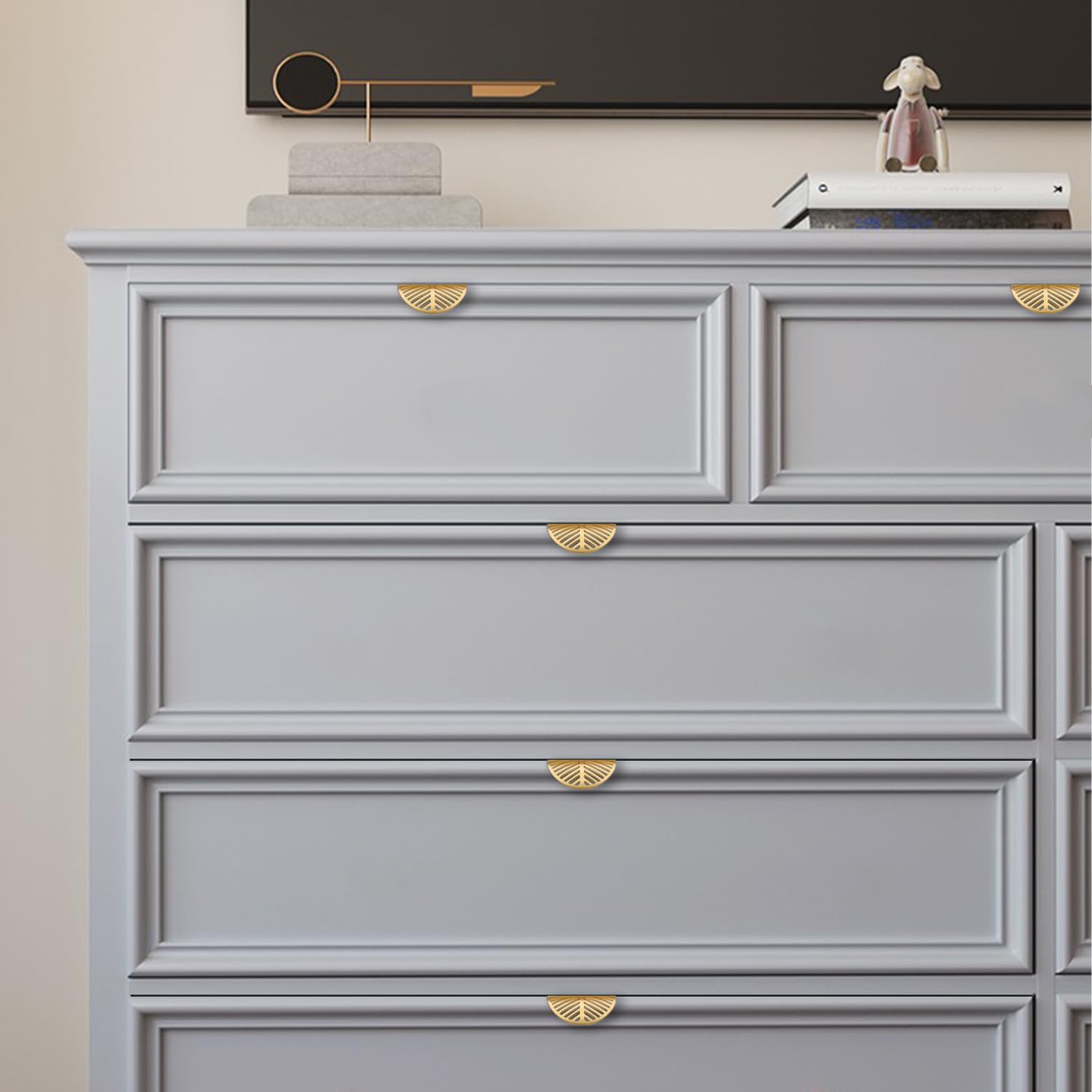 Solid Brass Edge Pulls for Cabinets Brushed Gold Leaf Knobs and Pulls for Dresser Drawers (2, Overall Length:2-3/8"(60mm))