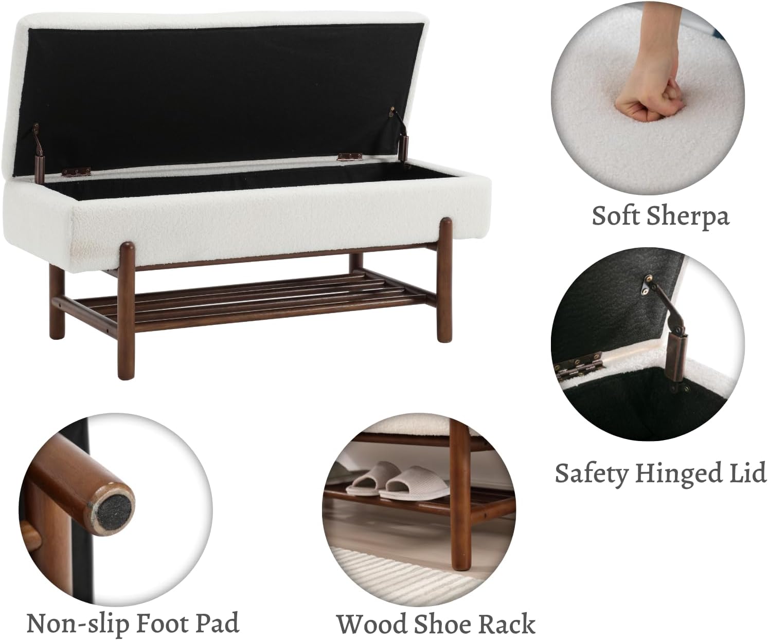 Modern Storage Bench for Bedroom End of Bed Sherpa Upholstered Ottoman Bench with Storage and Wood Shoe Rack Farmhouse Long Seating Bench