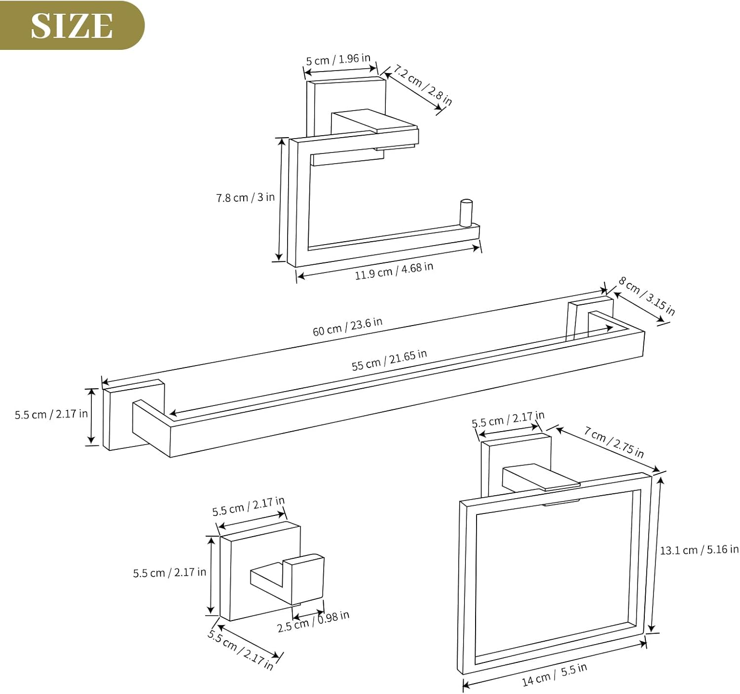 5 Piece Towel Holder for Bathroom Wall, Brushed Gold Bathroom Accessories Set Bathroom Hardware Set, Square SUS304 Stainless Steel 23.6 inch Bath Towel Bar Set, Bath Towel Holder Mounted