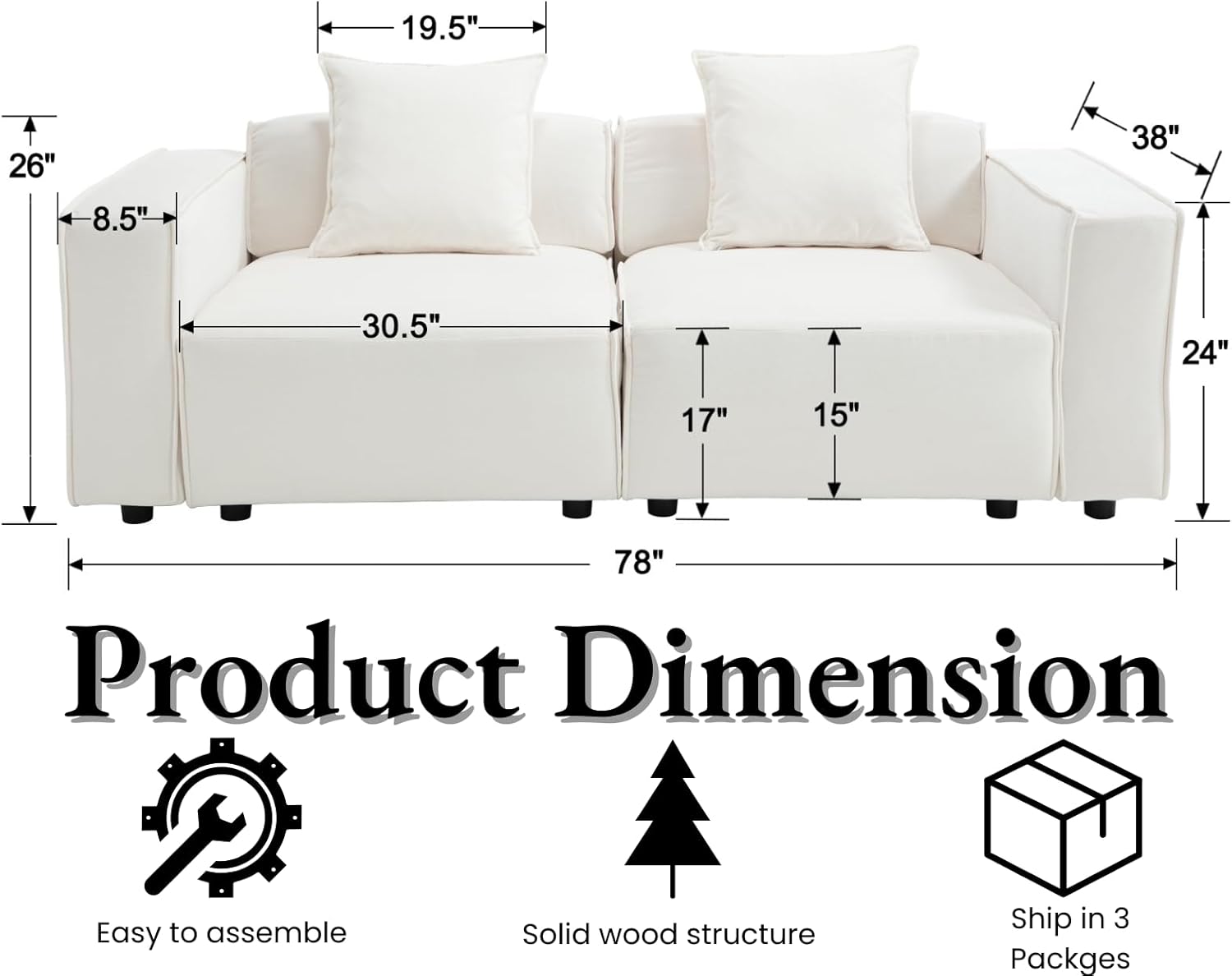 78" Loveseat Modular Sectional Sofa Couch Oversized Deep Seat Sofas Chenille Sleeper Couch Comfy Modern Love Seat