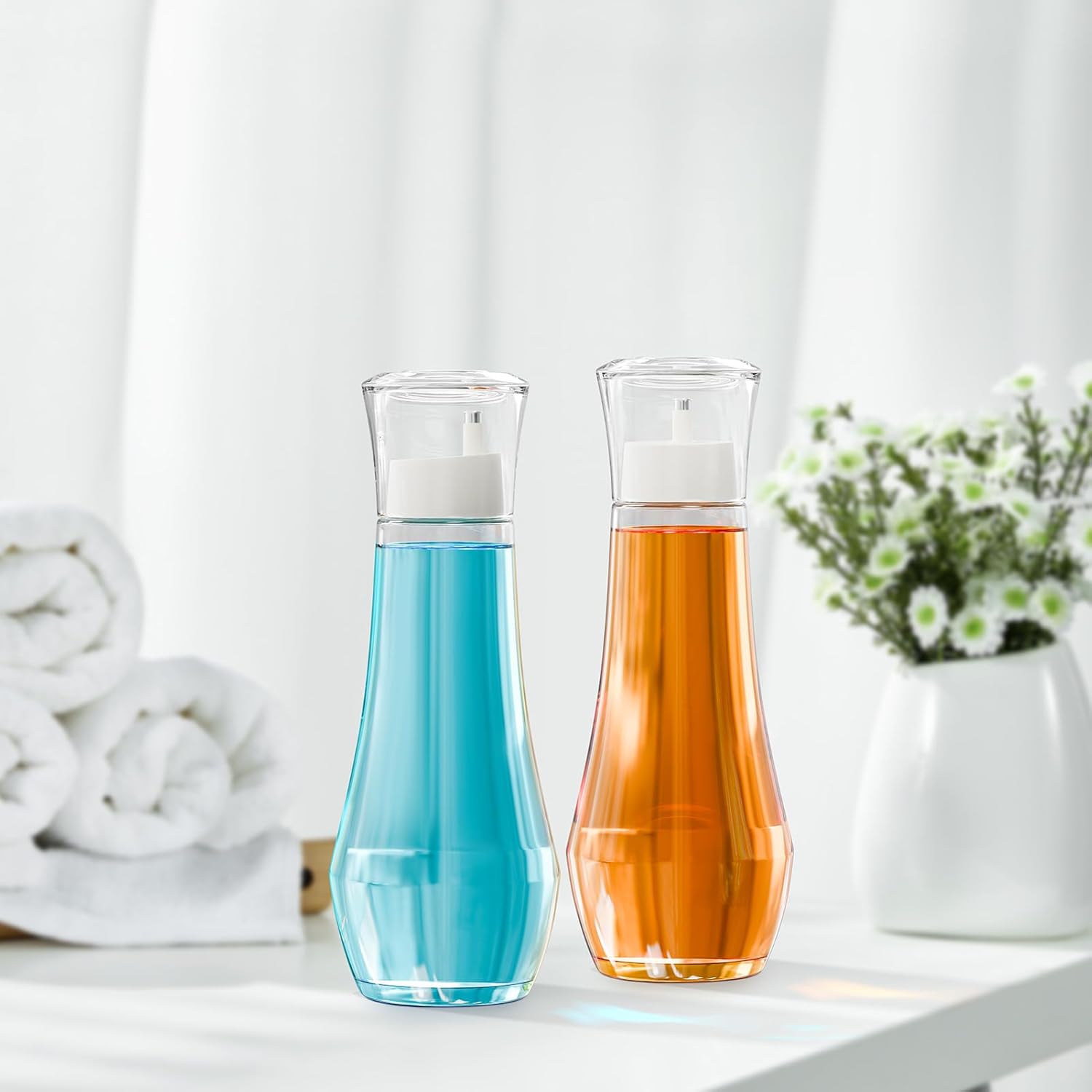 Glass Mouthwash Dispenser for Bathroom, 8.8OZ Mouth Wash Container Bottle with Lid Cup, Small Clear Refillable Mouthwash Dispenser Decanter for Countertop, Set of 2