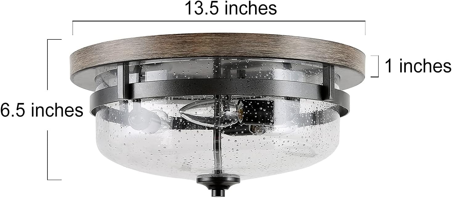 Flush Mount Ceiling Light, Farmhouse Light Fixtures Ceiling with Faux Wood Finish and Seeded Glass Cover