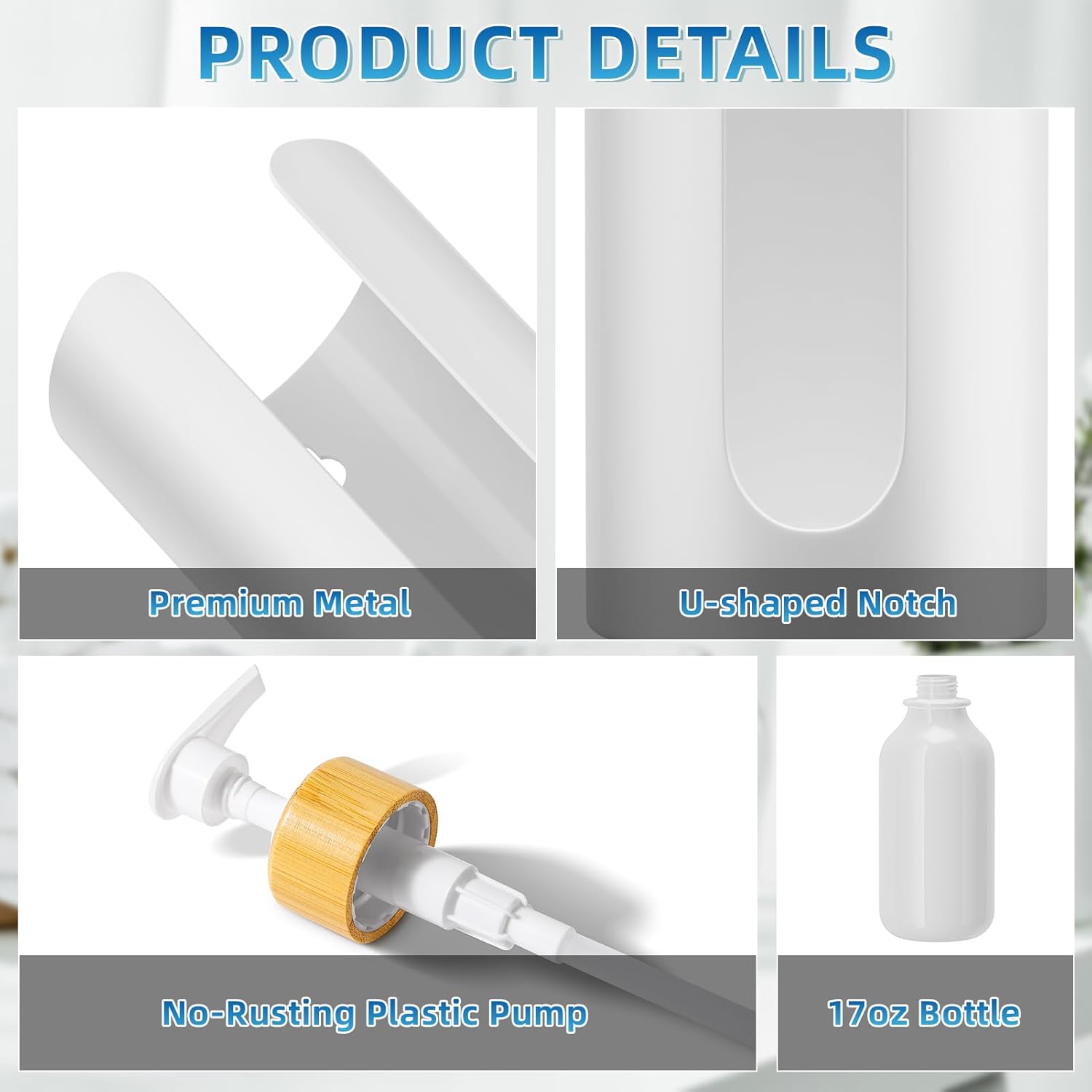 Mouthwash Dispenser for Bathroom, Mouth Wash Dispenser Wall Mounted with Cup Holder, 17OZ Refillable Mouthwash Pump Container, Plastic/Bamboo/Metal, White