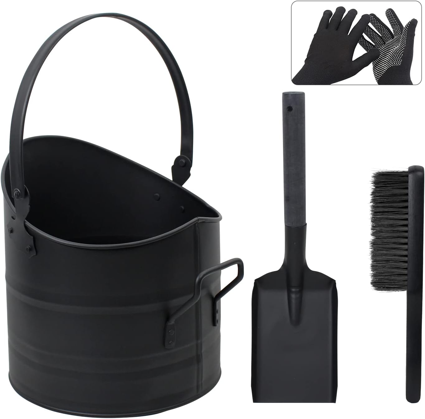Ash Bucket for Fireplace, 2.6 Gallon Metal Fireplace Bucket for Ashes, Includes Shovel, Broom and Gloves for Wood Stove, Fireplace and Fire Pit