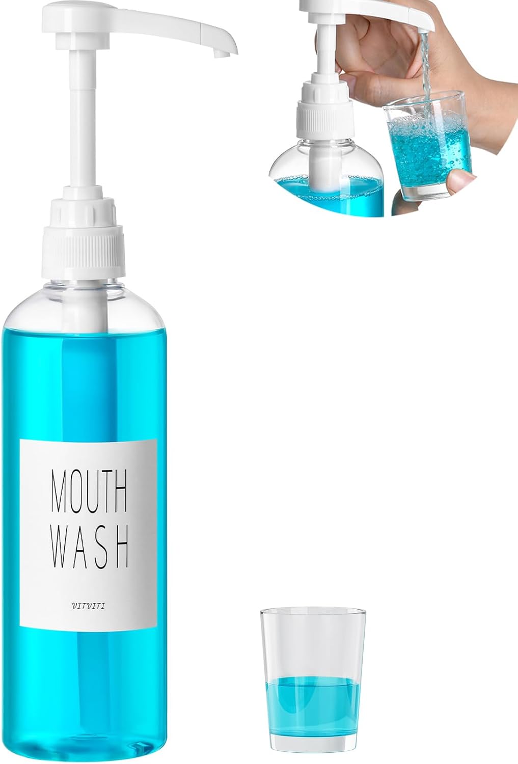 Plastic Mouthwash Dispenser for Bathroom, 17 OZ Pump Mouth Wash Container Bottle with Cup, Clear Refillable Mouthwash Dispenser with Labels