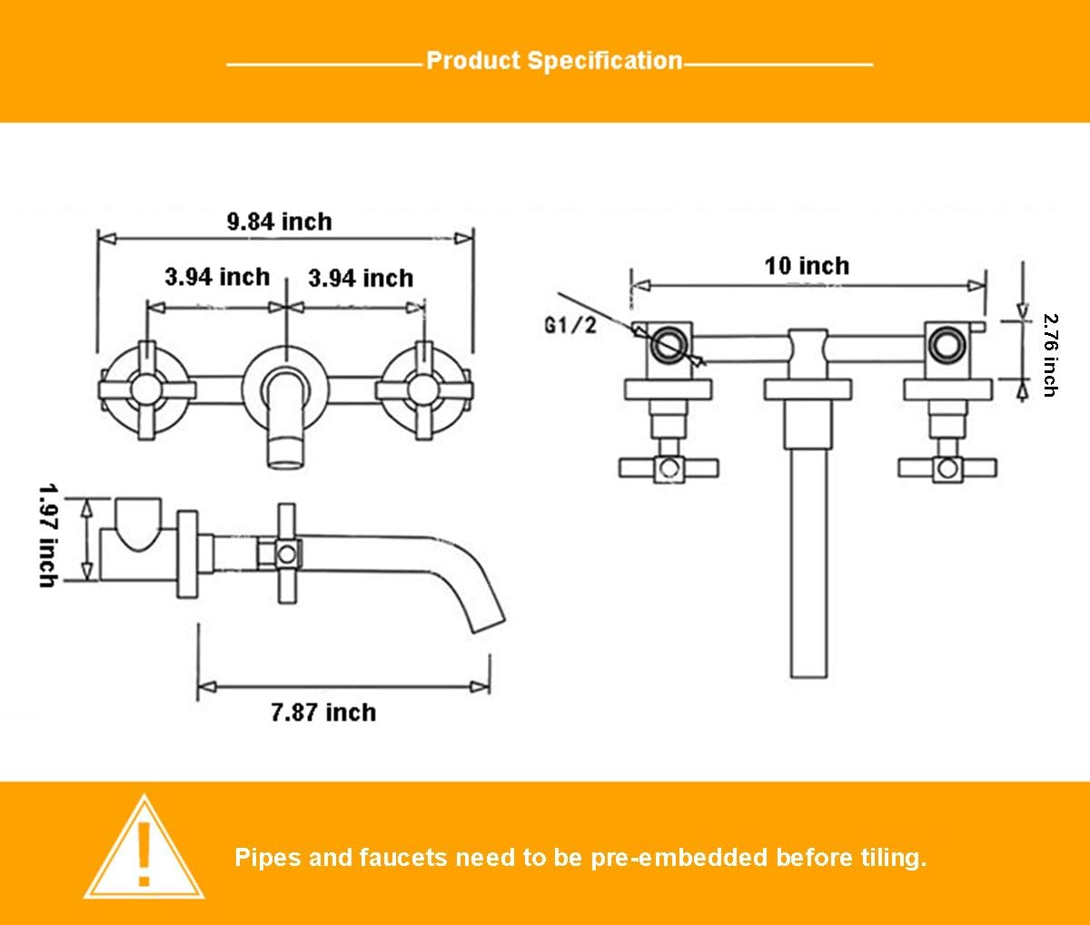 Wall Mount Tub Filler Faucet Gold High Flow Bathtub Faucet Two Handles Wall-Mounted Bathroom Faucet 2 Cross Handles 3 Holes Vanity Sink Mixer Tap Brass Rough-in Valve Included