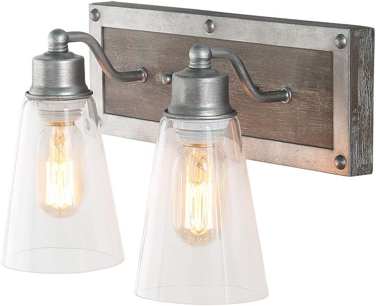 2 Lights Bathroom Lighting in Real Distressed Wood and Brushed Antique Silver Finish with Cone Clear Glass Shades