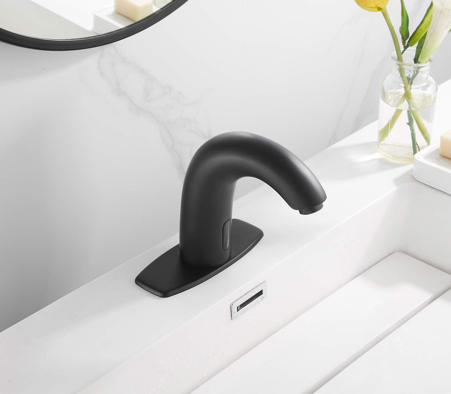 Automatic Bathroom Sink Faucet with Hole Cover Plate Touchless Sensor Dual Powered Matte Black Vanity Faucet