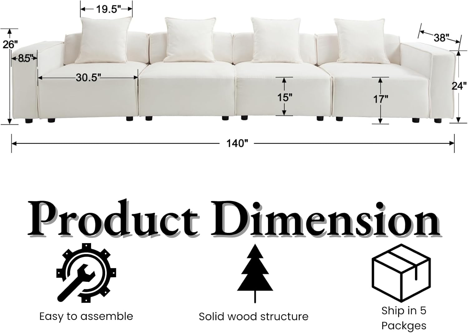 Oversized Modular Sectional Sofa Couch Long Sleeper Couch Chenille Upholstered Deep Seat Couch Modern Comfy 4-Seater