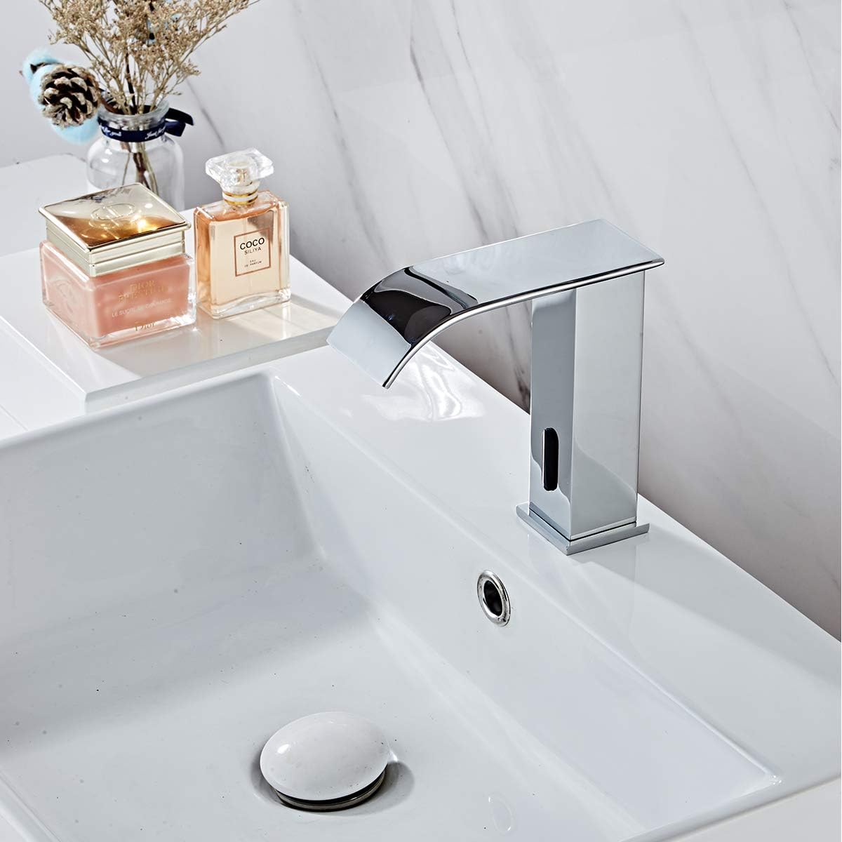 Automatic Touchless Bathroom Faucet Sensor Waterfall Chrome Bathroom Sink Faucet Electronic Motion Activated Hands-Free Vanity Faucet Dual Powered