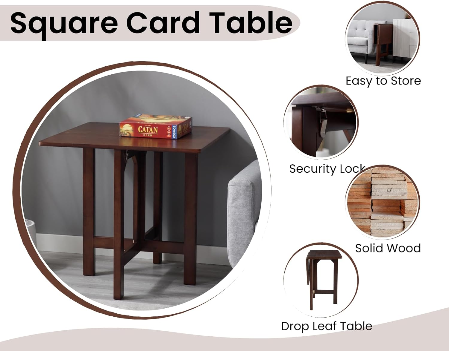 Small Folding Table Square Foldable Card Table Farmhouse Wood Dining Table Side Table for Puzzle Drop Leaf Table for Kitchen/Small Spaces