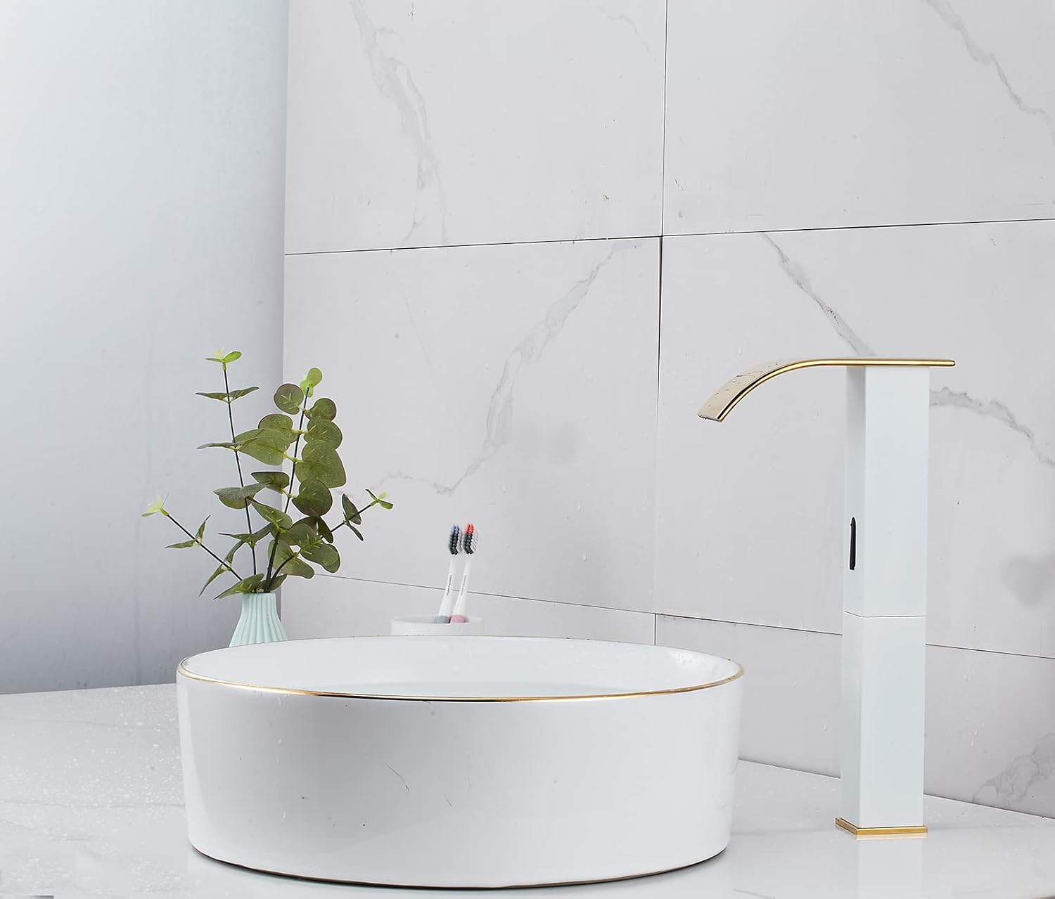 Touchless Bathroom Vessel Faucet Electronic Sensor Automatic Waterfall White Gold Bathroom Faucets Hands Free Water Saving One Hole Bowl Sink Faucet Motion Sensor Lavatory Vanity Faucet Deck Mounted