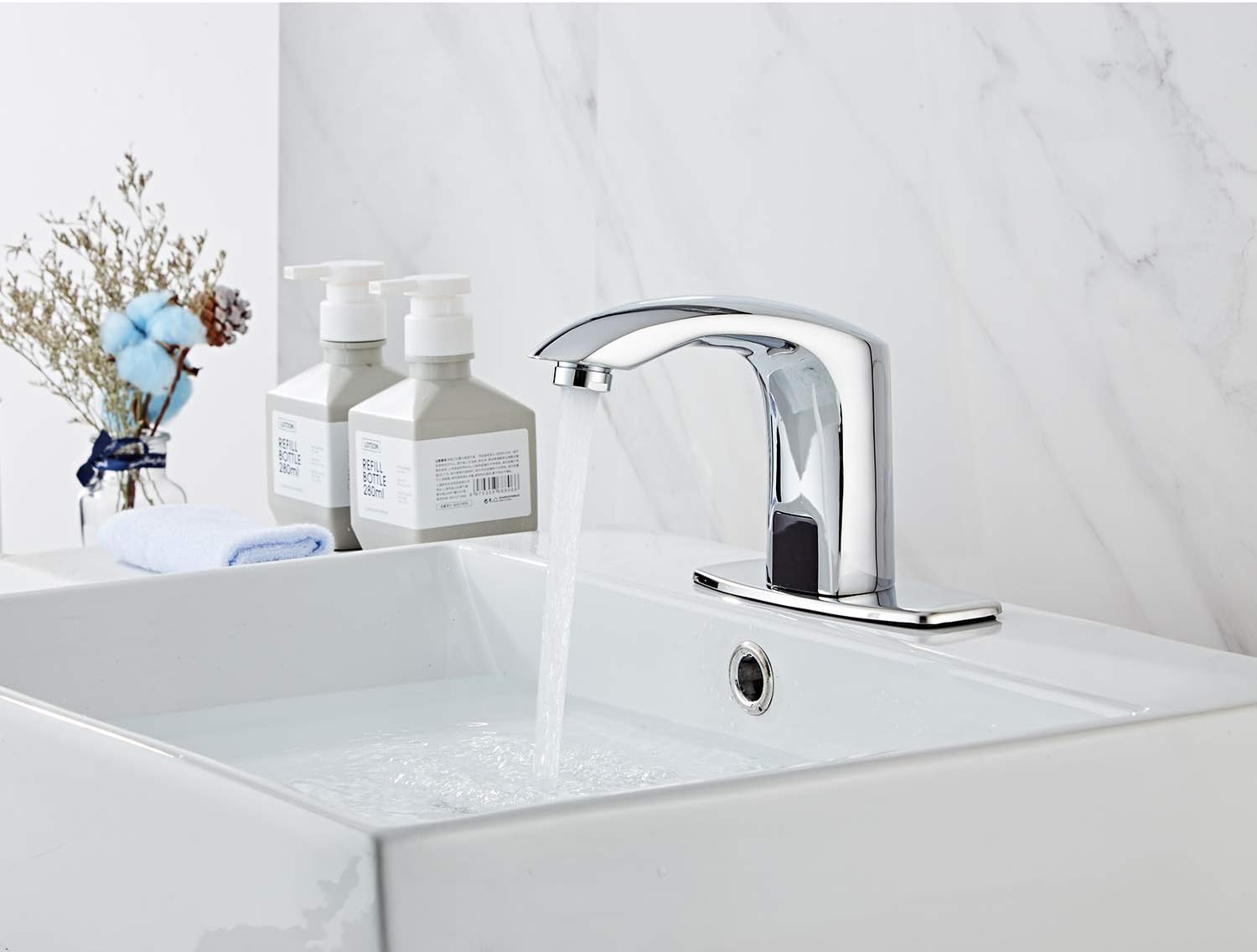 Automatic Bathroom Sink Faucet with Hole Cover Plate Sensor Touchless Dual-Powered Chrome Vanity Faucets Hands Free Motion Sensor Bathroom Water Tap