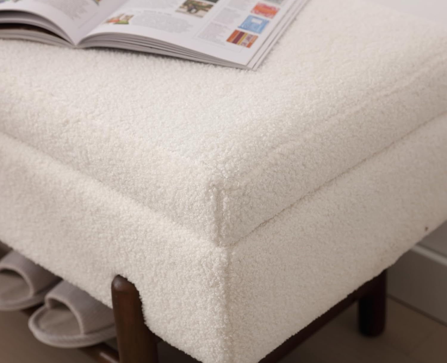 Modern Storage Bench for Bedroom End of Bed Sherpa Upholstered Ottoman Bench with Storage and Wood Shoe Rack Farmhouse Long Seating Bench