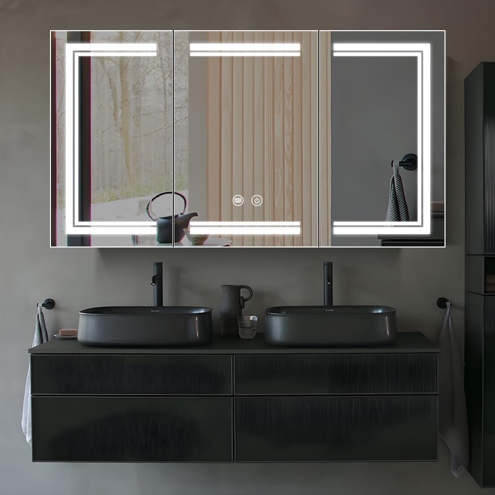 Large Medicine Cabinet with Lights,Aluminum Mirror Cabinet,Glass Shelf Illumination,USB Shaver Socket,3 Colors,Dimmable,Demister